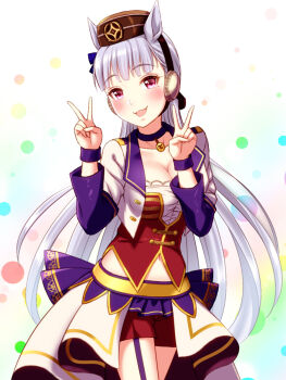 1girl animal_ears blunt_bangs blush bodice bow breasts brown_hat choker cleavage collarbone commentary_request corset cropped_jacket double_v ear_bow ear_ribbon garter_straps gold_ship_(umamusume) grey_hair hat highres horse_ears horse_girl jacket large_breasts long_hair looking_at_viewer midriff navel no_tail open_mouth overskirt pendant_choker pillbox_hat purple_bow purple_choker purple_eyes purple_garter_straps red_corset red_shorts shirt shorts smile solo starting_future_(umamusume) sugimotty_nova umamusume v white_jacket white_shirt wristband