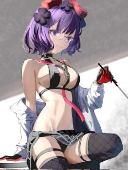 1girl alternate_breast_size_(larger) autumn_rain bikini black_bikini black_gloves breasts coat commentary_request fate/grand_order fate_(series) fishnet_thighhighs fishnets glasses gloves hair_ornament highres katsushika_hokusai_(exhibition_attire)_(fate) katsushika_hokusai_(fate) large_breasts long_sleeves looking_at_viewer navel purple_hair short_hair smile swimsuit thighhighs white_coat