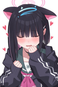 1girl absurdres animal_ears black_choker black_hair black_jacket blue_archive blush cat_ears cat_girl choker closed_eyes colored_inner_animal_ears colored_inner_hair extra_ears green_sailor_collar halo headpat highres jacket kazusa_(blue_archive) multicolored_hair neckerchief onsen_(asnrtnbrsiku) open_mouth pink_hair pink_halo pink_neckerchief sailor_collar short_hair sleeves_past_wrists solo two-tone_hair