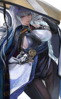 1girl beads bracelet breasts closed_eyes colored_eyelashes goddess_of_victory:_nikke grey_hair highres jewelry kyel_hyde large_breasts long_hair looking_at_viewer mechanical_arms mole mole_on_breast nayuta_(nikke) sideboob single_mechanical_arm solo thick_eyelashes very_long_hair white_eyelashes white_hair