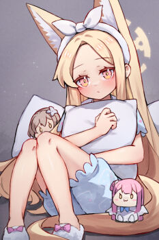 1girl animal_ears blonde_hair blue_archive character_doll cosplay doll fox_ears halo highres hugging_object long_hair mika_(blue_archive) miya_(miyaruta) nagusa_(blue_archive) pajamas pillow seia_(blue_archive) solo yuuka_(blue_archive) yuuka_(blue_archive)_(cosplay) yuuka_(pajamas)_(blue_archive)
