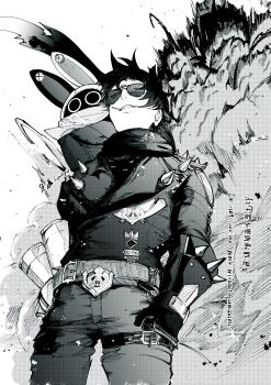 03_kyv 1boy bangboo_(zenless_zone_zero) belt belt_buckle buckle commentary_request eous_(zenless_zone_zero) explosion feet_out_of_frame floating_hair greyscale highres jacket lapels lighter_(zenless_zone_zero) male_focus monochrome on_shoulder pants parted_lips scarf short_hair spiked_jacket spikes standing sunglasses thigh_belt thigh_strap zenless_zone_zero