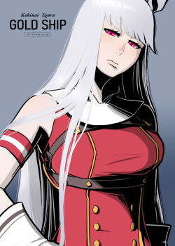 Rule 34 | 1girl, animal ears, artist name, breasts, character name, commentary request, dress, frown, gloves, gold ship (red strife) (umamusume), gold ship (umamusume), grey hair, hand on own hip, head tilt, horse ears, horse girl, long hair, matsu (a-type corp), medium breasts, red dress, red eyes, solo, umamusume, very long hair, white gloves