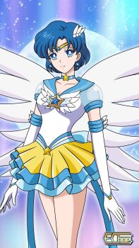 1girl adult_swim angel_wings bishoujo_senshi_sailor_moon bishoujo_senshi_sailor_moon_r bishoujo_senshi_sailor_moon_r:_the_movie bishoujo_senshi_sailor_moon_s bishoujo_senshi_sailor_moon_s:_the_movie bishoujo_senshi_sailor_moon_s_the_movie:_kaguya-hime_no_koibito bishoujo_senshi_sailor_moon_supers bishoujo_senshi_sailor_moon_supers:_the_movie bishoujo_senshi_sailor_moon_supers_the_movie:_sailor_9_senshi_shuuketsu!_black_dream_hole_no_kiseki blue_eyes blue_hair e.choe_(artist) eternal_sailor_mercury highres mizuno_ami sailor_mercury sailor_senshi_uniform solo super_sailor_mercury super_sailor_mercury_(stars) toei_company toonami wings