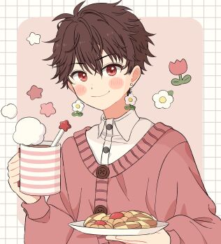 1boy absurdres biscuit_(bread) brown_hair buttons cardigan closed_mouth collared_shirt commentary cup earrings eeppa ensemble_stars! flower flower_earrings hands_up highres holding holding_cup holding_plate jewelry long_sleeves looking_at_viewer male_focus morisawa_chiaki plate red_cardigan red_eyes red_flower shirt short_hair smile solo star_(symbol) symbol-only_commentary upper_body white_flower