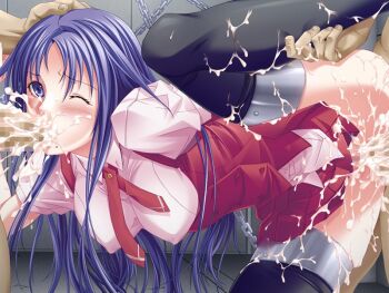 1girl 2boys black_socks blue_eyes blue_hair blush bottomless breasts censored chain covered_erect_nipples cuffs cum cum_in_mouth cum_in_pussy cum_on_body cum_on_lower_body facial fellatio folded_leg from_side game_cg gangbang grabbing_another's_leg group_sex guilty hair_between_eyes hand_on_another's_head hetero indoors large_breasts leg_up long_hair minase_shizuru mole mosaic_censoring multiple_boys one_eye_closed oral penis pink_shirt raised_eyebrow rape red_skirt restrained school_uniform sex shackles shirt skindentation skirt socks solo_focus spitroast spread_legs tears toriko_hime unhappy_sex upskirt vaginal yoshizawa_tomoaki