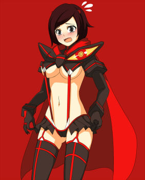 1girl bad_deviantart_id bad_id blush breasts brown_hair cape color_connection cosplay crossover embarrassed female_focus gloves grey_eyes highres kill_la_kill living_clothes matoi_ryuuko matoi_ryuuko_(cosplay) midriff navel open_mouth parody red_hair red_theme revealing_clothes rouzille ruby_rose rwby senketsu short_hair simple_background skirt skirt_hold solo suspenders thighhighs underboob unknown_creation_date wavy_mouth