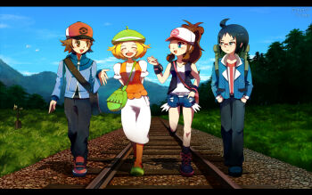 Rule 34 | 2boys, 2girls, :d, backpack, bag, bare legs, baseball cap, beret, bianca (pokemon), black footwear, black hair, black jacket, black pants, blonde hair, blue eyes, blue footwear, blue jacket, blush, bracelet, brown eyes, brown hair, cheren (pokemon), closed eyes, denim, denim shorts, dress, glasses, grass, green footwear, green headwear, grey eyes, hand in pocket, hat, hilbert (pokemon), hilda (pokemon), hood, hoodie, jacket, jewelry, mountain, multiple boys, multiple girls, nature, nintendo, one eye closed, open mouth, pants, pantyhose, pokemon, red footwear, red headwear, ribero, shirt, shoelaces, shoes, short shorts, shorts, sign, sky, smile, tree, walking, watch, white dress, white headwear, white shirt, wink, wristband, zipper