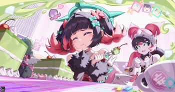 Rule 34 | 3girls, absurdres, angels of delusion, aria (zenless zone zero), arm warmers, backpack, bag, bare shoulders, black hair, blue eyes, blush stickers, cake, cherry, closed eyes, commentary request, food, food on face, fork, fruit, green hair, halo, heart, highres, holding, holding fork, humanoid robot, jfzm001, leg warmers, mini person, minigirl, multiple girls, nangong yu, octopus, pink bag, pink hair, robot, smile, striped arm warmers, striped leg warmers, sunna (zenless zone zero), winged bag, zenless zone zero