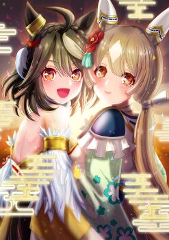 2girls ahoge animal_ears black_hair blush breasts brown_hair cleavage clenched_hand closed_mouth commentary_request detached_sleeves ear_covers ear_ornament egasumi flower frilled_kimono frills hair_between_eyes hair_flower hair_ornament highres horse_ears horse_girl japanese_clothes jewelry kimono kitasan_black_(jubilant_star_auspicious_crane)_(umamusume) kitasan_black_(umamusume) large_breasts long_hair long_sleeves looking_at_viewer medium_hair multicolored_hair multiple_girls necklace official_alternate_costume official_alternate_hairstyle open_mouth otono_(bkt4b) red_eyes satono_diamond_(floral_star_prosperous_green)_(umamusume) satono_diamond_(umamusume) smile streaked_hair sunrise umamusume upper_body white_hair wide_sleeves yellow_eyes