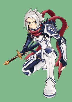 Rule 34 | 1boy, armor, black eyes, black gloves, boots, closed mouth, commentary request, dylan will delteana, fingerless gloves, full body, gloves, green background, hair ornament, holding, holding sheath, holding sword, holding weapon, looking at viewer, male focus, official art, okano takeshi, on one knee, red scarf, scarf, serious, sheath, sheathed, short hair, shoulder armor, simple background, solo, summon night, summon night x, sword, v-shaped eyebrows, weapon, white boots, white hair, x hair ornament