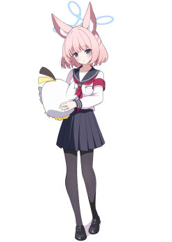1girl animal_ear_fluff animal_ears armband black_pantyhose black_sailor_collar black_shoes black_skirt blue_archive blue_eyes blue_halo blush commentary fox_ears fox_girl full_body half_updo halo highres holding holding_stuffed_toy loafers long_sleeves looking_at_object medium_hair miniskirt neckerchief niko_(blue_archive) pantyhose peroro_(blue_archive) pink_hair pleated_skirt red_armband red_neckerchief sailor_collar school_uniform serafuku shirt shoes simple_background skirt solo standing straight_hair stuffed_animal stuffed_toy sweatdrop white_background white_shirt zundamochi_(sera)