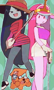 Rule 34 | 2boys, 2girls, adventure time, alternate costume, back-to-back, backpack, bag, black eyes, black hair, blue shirt, closed mouth, colored skin, crown, dress, fang, finn the human, full body, gloves, golf cart, golf club, green background, grey pantyhose, grin, hat, high-waist skirt, highres, holding, holding golf club, jake the dog, jewelry, legs, long hair, looking at viewer, marceline abadeer, motor vehicle, multiple boys, multiple girls, no nose, no pupils, open mouth, pale skin, pantyhose, pink hair, pink hat, pink skin, pink top, pointing, pointy ears, princess bonnibel bubblegum, red sweater, shirt, shoes, skirt, smile, striped clothes, sun hat, sweater, sweater dress, transformation, turtleneck, visor cap, wamudraws, white gloves, white hat, white skirt, yellow skin