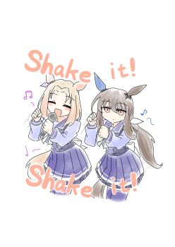 2girls absurdres admire_vega_(umamusume) animal_ears blonde_hair blush bow bowtie breasts brown_hair closed_eyes closed_mouth dancing ear_covers ear_ornament hair_between_eyes highres holding holding_microphone horse_ears horse_girl horse_tail long_hair long_sleeves looking_at_viewer low_ponytail medium_hair microphone multiple_girls musical_note narita_top_road_(umamusume) open_mouth ponytail purple_eyes purple_sailor_collar purple_serafuku purple_shirt purple_skirt purple_thighhighs rum_mouton34 sailor_collar sailor_shirt school_uniform serafuku shirt simple_background single_ear_cover skirt smile tail thighhighs tracen_school_uniform umamusume white_bow white_bowtie