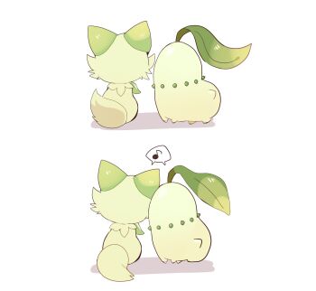 chikorita commentary_request from_behind gen_2_pokemon heads_together highres leaf musical_note nintendo no_humans pokemon pokemon_(creature) pokemon_focus simple_background spoken_musical_note sprigatito white_background yupo_0322