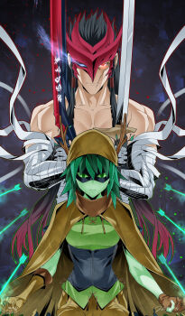 1boy 1girl absurdres adventure_time bandaged_arm bandages black_hair black_mask branch brown_cape brown_gloves brown_hat cape closed_mouth colored_sclera colored_skin commentary_request crossover domino_mask dual_wielding eye_mask gat_(hat) gloves glowing glowing_eye green_eyes green_sclera green_skin hat highres holding holding_sword holding_weapon huntress_wizard league_of_legends long_hair looking_at_viewer mask muscular muscular_male plant_hair red_eyes red_mask scar scar_on_face shin_(ultramarine430) sword topless_male weapon yone_(league_of_legends)