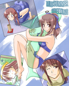 Rule 34 | 1girl, bad id, barefoot, bikini, bikini shorts, blue bikini, blue bow, blue headscarf, blue kimono, blue pants, blue sash, blue shorts, bow, breasts, brown eyes, brown hair, chibi, closed mouth, electric fan, english text, from side, gift art, hair bow, headscarf, holding, inflatable dolphin, inflatable toy, japanese clothes, kakitsubata (ashi ga chi ni tsukanai), kimono, kneeling, leaning forward, long hair, looking at object, looking at viewer, looking to the side, medium breasts, micro shorts, multiple views, obi, one eye closed, original, pants, ponytail, raised eyebrow, sandals, sash, second-party source, shirt, shochuumimai, shorts, sidelocks, signature, sleeves rolled up, smile, swimsuit, wind chime, yellow shirt, yukata