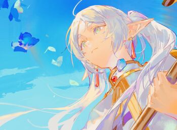 1girl blue_flower blue_petals blue_sky capelet chiaspicy closed_mouth earrings elf falling_petals flower frieren from_above gold_trim green_eyes grey_hair hair_over_shoulder hashtag-only_commentary highres holding holding_staff jewelry meme petals pointy_ears sky solo sousou_no_frieren staff thick_eyebrows twintails upper_body upward_angle_frieren_drawing_(meme) white_capelet