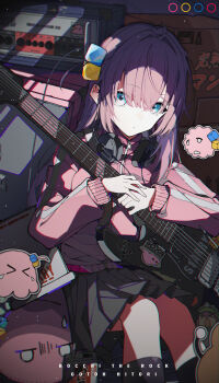 &gt;_&lt; 1girl absurdres black_skirt black_socks blue_eyes bocchi_the_rock! box cable cardboard_box cd_case character_name closed_mouth copyright_name cube_hair_ornament dark_background dinosaur_costume electric_guitar expressionless gitao gotoh_hitori gotoh_hitori_(ash) gotoh_hitori_(octopus) gotoh_hitori_(tsuchinoko) gugugu_official guitar hair_between_eyes hair_ornament headphones headphones_around_neck highres instrument jacket jitome kessoku_band_logo kneehighs long_hair long_sleeves looking_at_viewer miniskirt one_side_up pink_hair pink_jacket pleated_skirt sitting skirt socks solo sticker sweatdrop tears track_jacket turn_pale wall-eyed wavy_mouth yamaha_pacifica zipper zipper_pull_tab