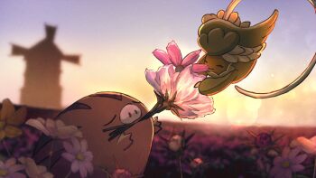 brown_fur closed_eyes closed_mouth comfey flower gen_2_pokemon gen_7_pokemon highres nintendo no_humans oguraan outdoors pokemon pokemon_(creature) pokemon_focus sky smile sunset swinub windmill