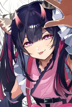 Rule 34 | 1boy, absurdres, animal ears, cho kaguya-hime!, commentary request, crossdressing, crossdressing (mtf), detached sleeves, hand up, happy, highres, horns, komazawa noi, looking at viewer, male focus, multicolored hair, solo, suzuno woto, tongue, tongue out, twintails