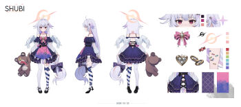 1girl absurdres ahoge apron asymmetrical_legwear back_cutout bare_back bare_shoulders belt black_belt black_dress black_shoes blue_ribbon character_name closed_mouth clothing_cutout collarbone commentary commission dated detached_sleeves di_le_to dress expressionless frilled_dress frills from_behind from_side hair_ornament hairclip halo highres holding holding_stuffed_toy indie_virtual_youtuber leg_ribbon loafers long_hair long_sleeves looking_at_viewer mismatched_legwear mole mole_under_each_eye mole_under_eye multicolored_dress multiple_moles multiple_views off-shoulder_dress off_shoulder orange_halo pantyhose parallel_hairclips pink_apron pink_eyes pink_ribbon purple_apron purple_ribbon reference_sheet ribbon see-through_clothes see-through_sleeves shoes shubii_(vtuber) simple_background sleeveless sleeveless_dress solo standing stuffed_animal stuffed_toy teddy_bear thighhighs two-tone_apron two-tone_dress very_long_hair virtual_youtuber white_background white_pantyhose white_thighhighs white_wings wings yellow_dress