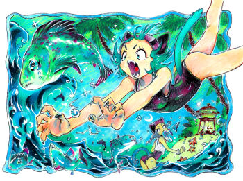 2girls animal_ears aqua_eyes aqua_hair black_nails black_one-piece_swimsuit blue_sky border commentary_request day eudetenis fangs fingernails fish flying grey_hair grill highres hunting multiple_girls one-piece_swimsuit open_mouth original outdoors outside_border outstretched_arms palm_tree reaching sharp_fingernails short_hair sky starfish swim_cap swimsuit tail tongue traditional_media tree water waves white_border wide-eyed
