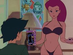 1boy 1girl animated ash_ketchum ass audible_speech bikini black_bikini black_hair black_shirt breasts bulbasaur denim english_audio food game_boy gen_1_pokemon handheld_game_console holding holding_plate huge_ass jeans jessie_(pokemon) large_breasts lipstick long_hair makeup marmalade_mum navel nintendo onigiri pants parody picket_fences plate pokedex pokemon pokemon_(anime) pokemon_(classic_anime) purple_hair red_hair red_lips shirt short_hair sound squirtle swimsuit tagme unhooked_bikini video