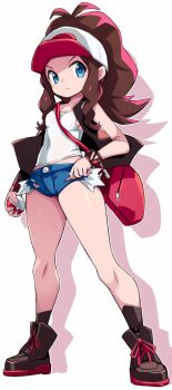 1girl antenna_hair bag baseball_cap black_jacket black_shoes black_socks blue_eyes blue_shorts breasts brown_hair closed_mouth commentary_request covered_navel crop_top cutoffs full_body hat highres hilda_(pokemon) holding holding_poke_ball jacket karukan_(monjya) long_hair micro_shorts midriff_peek nintendo open_clothes open_jacket poke_ball poke_ball_(basic) pokemon pokemon_bw ponytail red_bag shirt shoes shorts shoulder_bag sideboob sidelocks sleeveless sleeveless_jacket small_breasts socks solo standing watch white_hat white_shirt wristwatch