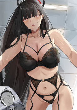 Rule 34 | 1boy, 1girl, absurdres, black bra, black garter belt, black hair, black halo, black panties, blue archive, bra, breasts, bright pupils, ceiling, cleavage, commentary, doodle sensei (blue archive), english commentary, female pubic hair, flying sweatdrops, garter belt, girl on top, hair ornament, hairclip, halo, hetero, highres, indoors, large breasts, lingerie, long hair, miz blank, mole, mole on breast, multicolored halo, navel, o-ring, o-ring garter belt, open mouth, panties, pubic hair, pubic hair peek, red eyes, red halo, ringed eyes, rio (blue archive), sensei (blue archive), sweat, tile ceiling, tiles, two-tone halo, underwear, very long hair, white pupils