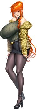 1girl alternate_costume black_skirt breasts curvy full_body highres huge_breasts jacket kamimura_maika kamimura_maika_(future) lilith-soft long_hair open_clothes open_jacket orange_hair sian skirt solo standing taimanin_(series) taimanin_rpgx transparent_background wide_hips