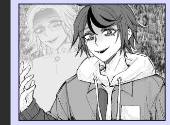 2boys aotsuki_eito border chinese_commentary commentary_request drawstring evil_grin evil_smile glasses greyscale grin hand_up jacket jacket_over_hoodie last_defense_academy_school_uniform looking_at_viewer male_focus monochrome multicolored_hair multiple_boys open_mouth possessed purple_border rufu_1122 school_uniform screentones short_hair smile spoilers streaked_hair sumino_takumi the_hundred_line_-last_defense_academy- two-tone_hair