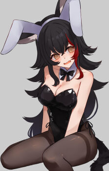 1girl :s @_@ absurdres animal_ear_hairband animal_ears between_legs black_bow black_bowtie black_hair black_leotard black_pantyhose black_straps blush bow bowtie breasts brown_eyes collar commentary_request crossed_bangs fake_animal_ears fang feet_out_of_frame grey_background hairband hand_between_legs head_tilt highres hololive large_breasts leotard long_hair medium_sidelocks ookami_mio open_mouth pantyhose playboy_bunny red_hair simple_background single_hair_streak sitting skin_fang solo strapless strapless_leotard tail thigh_strap tukijika virtual_youtuber wariza white_collar wolf_ears wolf_girl wolf_tail