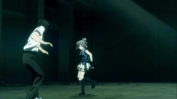 1boy 1girl absurdres akatsuka_justice animated arm_tattoo ass ass_focus audible_music audible_speech bandage_on_forehead black_boots black_eyes black_gloves black_hair black_pants black_shorts bleeding blood blue_eyes blue_vest bluesy_fluesy boots bow breasts bruise bruised_eye cellphone collared_shirt fighting fighting_stance fingerless_gloves gloves grey_hair hair_bow hair_ribbon highres holding holding_behind_back holding_knife holding_knife_behind_back holding_weapon injury japanese_audio japanese_text jumping kneeling knife knife_sheath legs long_hair lying medium_breasts miniskirt on_side pants phone pink_bow pink_ribbon pleated_skirt ponytail ribbon school_uniform sexually_suggestive sheath shirt shirt_tucked_in shoes short_hair short_sleeves shorts shorts_under_skirt skirt sleeveless smartphone sound subtitled sweat sweatdrop taboo_tattoo tagme tattoo teeth thighs upskirt vest video weapon white_shirt white_shoes white_skirt