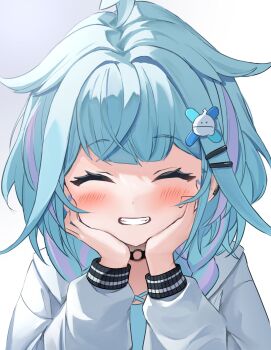 1girl ^_^ ahoge blue_hair blue_shirt blunt_bangs blush braid choker closed_eyes commentary_request facing_viewer grin hair_flaps hair_ornament hairclip hands_on_own_cheeks hands_on_own_face highres hololive hololive_dev_is jacket long_sleeves low_twin_braids mizumiya_su mizumiya_su_(1st_costume) multicolored_hair o-ring o-ring_choker pink_streaks shirt simple_background smile solo straight-on streaked_hair tatsu_(tattti2022) twin_braids two-tone_hair upper_body virtual_youtuber white_background white_jacket x_hair_ornament