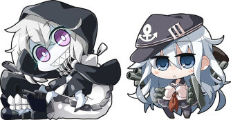 10s 2girls :&lt; abyssal_ship akaneya bag blue_eyes blue_hair chibi glowing glowing_eyes grin hat hibiki_(kancolle) hood jacket kantai_collection long_hair multiple_girls purple_eyes re-class_battleship short_hair silver_hair smile tail