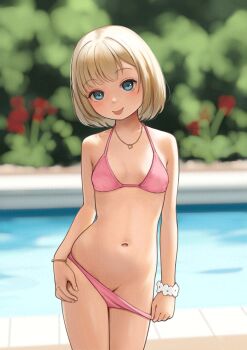 1girl adversarial_noise bikini bikini_bottom_pull bikini_pull blonde_hair blue_eyes blurry blurry_background breasts clothes_pull commentary commentary_request english_commentary highres jewelry kuroshiro00 looking_at_viewer navel necklace original outdoors pink_bikini pool poolside short_hair small_breasts solo swimsuit tongue tongue_out