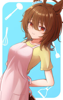 1girl absurdres agnes_tachyon_(umamusume) ahoge animal_ears apron blue_ribbon bow breasts brown_hair ear_ribbon hair_between_eyes highres horse_ears horse_girl looking_at_viewer medium_breasts medium_hair pink_apron red_eyes ribbon shirt short_sleeves solo tying_apron umamusume yellow_shirt yorikoto_hachiyo