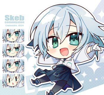 Rule 34 | 1girl, :d, black pantyhose, blue boots, blue hair, blush, boots, character request, chibi, chibi only, closed mouth, commentary request, commission, copyright request, double-parted bangs, full body, gloves, green eyes, green skirt, hair between eyes, highres, long sleeves, looking at viewer, misosiru 0224, multiple views, open mouth, outline, outstretched arms, pantyhose, pleated skirt, shirt, short hair, skeb commission, skirt, smile, sparkle, spread arms, twitter username, white gloves, white outline, white shirt, | |