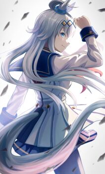 1girl ahoge animal_ears blue_eyes blue_sailor_collar blue_skirt closed_mouth ear_ornament from_behind grey_hair grey_tail hair_between_eyes hairband highres horse_ears horse_girl horse_tail jacket long_hair long_sleeves multicolored_hair neckerchief oguri_cap_(starlight_beat)_(umamusume) oguri_cap_(umamusume) pantyhose pleated_skirt red_neckerchief sailor_collar shirt skirt smile solo tail umamusume white_jacket white_shirt yanoyoru