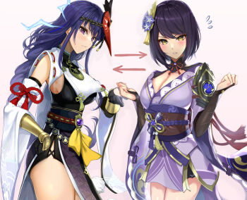 2girls alternate_costume black_hair blush breasts cleavage cosplay costume_switch elbow_gloves genshin_impact gloves hair_ornament highres japanese_clothes kimono kujou_sara multiple_girls okura_shito purple_eyes purple_hair raiden_shogun switch thighs yellow_eyes