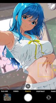 1girl absurdres aigami_shion blue_eyes blue_hair blue_sailor_collar breasts camera closed_mouth clothes_lift commentary_request fake_phone_screenshot fake_screenshot garter-velvet highres lifting_own_clothes light_blush long_hair midriff navel neck_ribbon one-piece_tan original pleated_skirt ribbon sailor_collar selfie shirt skirt sleeveless sleeveless_shirt smile solo stomach sweat tan tanline user_interface viewfinder white_shirt white_skirt