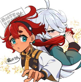 2girls asticassia_school_uniform black_hairband blue_eyes blush commentary_request green_jacket grey_eyes gundam gundam_suisei_no_majo hairband highres jacket kissing_hair long_hair miorine_rembran multiple_girls open_mouth ponytail red_hair school_uniform suletta_mercury tcbnbc thick_eyebrows translation_request white_background white_hair white_jacket yuri