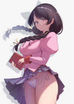 1girl black_hair book braid breasts clothes_lift commentary cowboy_shot different_shadow floating_hair glasses hair_ribbon hanekawa_tsubasa holding holding_book juliet_sleeves large_breasts legs_together long_hair long_sleeves looking_at_viewer low_twin_braids monogatari_(series) naoetsu_high_school_uniform panties panties_day parted_lips pink_shirt pleated_skirt puffy_sleeves purple_eyes purple_skirt ribbon round_eyewear school_uniform shadow shirt side-tie_panties simple_background skirt skirt_lift skoll_world solo standing string_panties symbol-only_commentary teeth twin_braids underwear white_background white_panties wind wind_lift yellow_ribbon