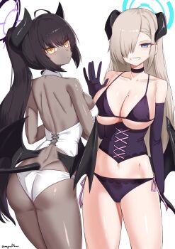 2girls absurdres ass asuna_(blue_archive) backless_shirt bare_back bare_shoulders black_hair blonde_hair blue_archive blue_eyes blue_halo bra breasts choker cleavage collarbone corset dark-skinned_female dark_skin demon_girl demon_horns demon_tail demon_wings detached_collar elbow_gloves gloves grin groin hair_over_one_eye halloween halo highres horns karin_(blue_archive) large_breasts long_hair looking_at_viewer mole mole_on_breast multiple_girls navel panties ponytail purple_bra purple_corset purple_gloves purple_halo purple_panties shirt smile tail thighs threeboon underwear very_long_hair waving white_panties white_shirt wings yellow_eyes
