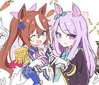 1girl 2girls akure1129 animal_ears aqua_bow ascot asymmetrical_gloves blush bow brown_hair ear_bow ear_ornament ear_ribbon epaulettes frilled_jacket frills gloves high_ponytail horse_ears horse_girl horse_tail horseshoe_ornament jacket long_hair long_sleeves looking_at_viewer mejiro_mcqueen_(frontline_elegance)_(umamusume) mejiro_mcqueen_(umamusume) mismatched_gloves multicolored_hair multiple_girls open_mouth pink_ascot ponytail purple_eyes purple_hair shirt single_epaulette smile streaked_hair swept_bangs tail tokai_teio_(peak_joy)_(umamusume) tokai_teio_(umamusume) umamusume
