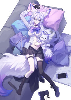 1girl absurdres animal_ear_fluff animal_ears arm_up bag black_boots black_choker black_skirt boots bow bowtie breasts carpet cellphone choker commentary_request couch extra_ears fingernails fox_ears fox_girl fox_tail from_above hair_between_eyes highres holding holding_phone holding_stuffed_toy lace-up_boots long_hair long_sleeves looking_at_viewer luo_shun_yao lying medium_breasts meng_xi_xuan nail_polish navel on_back on_couch open_bag original parted_lips partially_unbuttoned people phone pillow purple_bow purple_bowtie purple_eyes purple_hair purple_nails school_bag shirt skirt smartphone smile solo stomach stuffed_toy tail thigh_strap thighhighs thighs unworn_boots very_long_hair white_background white_shirt