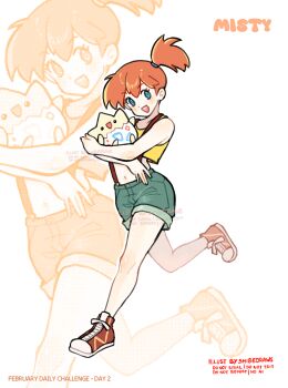 1girl :d blue_eyes blue_shorts character_name commentary crop_top gen_2_pokemon hair_between_eyes highres looking_at_viewer midriff misty_(pokemon) navel nintendo no_socks open_mouth orange_hair pokemon pokemon_(creature) red_shoes running shibedraws shoes shorts side_ponytail simple_background smile suspender_shorts suspenders tank_top togepi watermark white_background yellow_tank_top zoom_layer