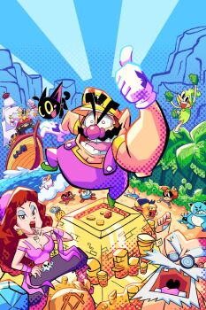1girl 6+boys @_@ angry ash_hatmaker bandana bandinero beach bear beard black_cat black_cat_(wario_land) brrr_bear captain_syrup cat coin earrings facial_hair fire_robota glasses gloves gold handstand highres jewelry keyzer lipstick mad_scienstein makeup mario_(series) merfle money_bag monkey multiple_boys mustache nintendo ocean octohon octopus one_arm_handstand open_mouth orange_hair overalls palm_tree pants para-goom pitchfork_(wario) pyramid_(structure) ringosuku012b sand shake_king ship smile spearhead sunglasses togeba totsumen tree wario wario_land wario_land:_shake_it! wario_land_3 wario_land_4 water watercraft