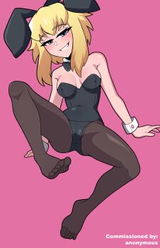 Rule 34 | 1girl, absurdres, animal ears, black bow, black bowtie, black leotard, blonde hair, blue eyes, bluebutter, bow, bowtie, breasts, brown pantyhose, commentary, commission, covered erect nipples, dc comics, detached collar, english commentary, fake animal ears, full body, half-closed eyes, highres, invisible chair, leotard, medium breasts, medium hair, my adventures with superman, naughty face, pantyhose, pink background, playboy bunny, sitting, solo, strapless, strapless leotard, supergirl, superman (series), traditional bowtie, wrist cuffs